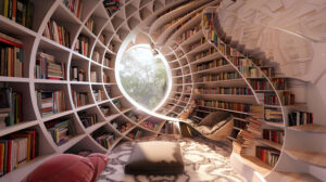 Spiraling in whimsical fashion a bookshelf holds books stacked along its curves in a vibrant display that creates an eye catching wallpaper