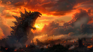 Sunset hues bathe a victorious Godzilla amidst a smoking ruined battlefield captured in the wallpaper Godzillas Triumph
