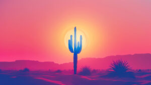 Sunset themed wallpaper showcasing a lone cactus silhouette set against a vibrant gradient backdrop