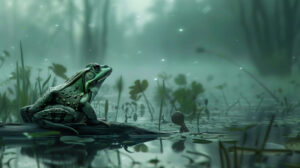 The wallpaper depicts a calm setting with a frog on a log in a misty swamp bathed in gentle light and an air of intrigue titled Mysterious Frog Scene