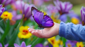 The wallpaper showcases a childs hand with a purple butterfly perched on it set against a backdrop of blooming spring flowers in full blossom