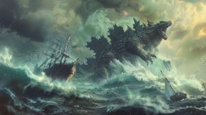 The wallpaper shows Godzilla rising from the sea amidst huge waves and ships being thrown around in the chaos