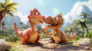 Two adorable dinosaur siblings enjoy an ice cream cone against a backdrop of palm trees and mountains in this wallpaper