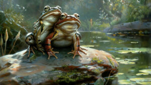 Two frogs perched on a rock beside a serene pond admiring the tranquil view in wallpaper form