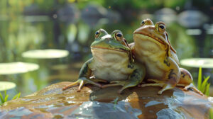 Two frogs perched on a rock by a tranquil pond admiring the view in Frog Harmony at the Pond wallpaper