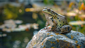 Two frogs seated together on a rock admiring the tranquil pond scenery in Peaceful Pond View wallpaper