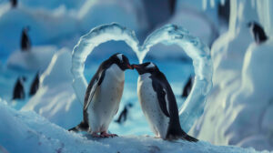 Two penguins sharing a moment their beaks touching set against a heart shaped ice sculpture in the background captured in a wallpaper