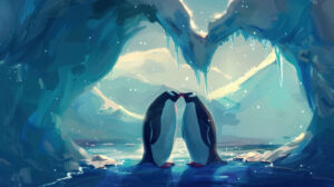 Two penguins with their beaks touching set against a heart shaped ice sculpture in the background wallpaper.jpg