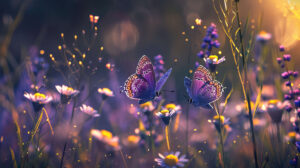 Two purple butterflies twirling together with a blurry wildflower backdrop makes a captivating wallpaper named Fluttering Twins.jpg