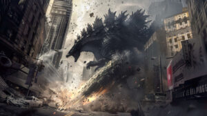 View the chaos of Godzillas tail wreaking havoc on buildings as debris flies through the air and panic fills the streets