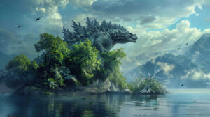 Wallpaper displaying a serene view of Godzilla at rest on a secluded island adorned with birds resting on its back against a calm sea backdrop