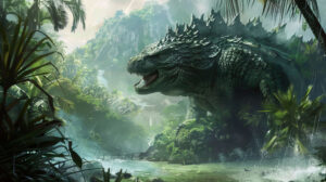 Wallpaper featuring Godzilla amidst a lush tropical jungle the vibrant greenery standing out against its rough scaly skin