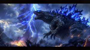 Wallpaper featuring Godzilla in a thrilling battle against another kaiju amidst dynamic action as lightning flashes overhead