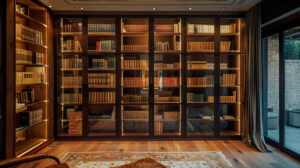 Wallpaper featuring a bookshelf with sliding glass doors displaying a collection of rare and special edition books