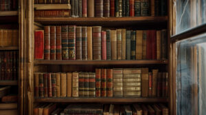 Wallpaper featuring a bookshelf with sliding glass doors highlighting rare and special edition books