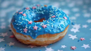 Wallpaper featuring a donut with blue icing and star shaped sprinkles on a patriotic themed background