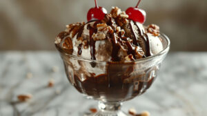 Wallpaper featuring a vintage glass dish holding a sundae adorned with chocolate sauce crushed nuts and a cherry on top