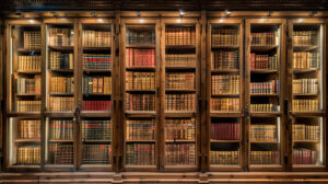 Wallpaper of a bookshelf featuring sliding glass doors displaying rare and special edition books