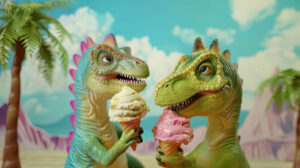Wallpaper of adorable dinosaur siblings enjoying an ice cream together set against a backdrop of palm trees and mountains
