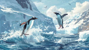 Wallpaper showing a lively display of penguins leaping from the water together splashing against a backdrop of majestic icebergs