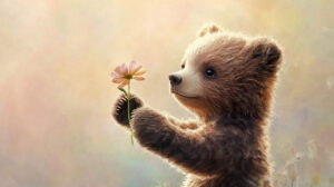A baby bear holding a tiny flower in its paw, set against a soft, pastel colored background