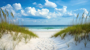 A beach with soft, powdery sand and gentle dunes covered in sea grasses, leading to the tranquil sea