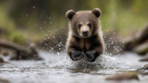 A bear cub frolicking in a stream causing water droplets to scatter around wallpaper.jpg