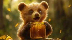 A bear cub happily indulging in a jar of honey with the sweet liquid dripping from its paws while displaying a joyful expression