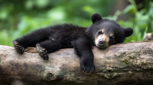 A bear cub napping on a log, with its paw hanging over the edge and a peaceful expression