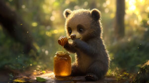 A bear cub relishing honey from a jar with sticky paws and a joyful look on its face