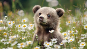 A bear cub resting among a meadow of daisies gazing upward with wide inquisitive eyes captured in a photograph labeled bear cub in daisy field.jpg