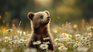 A bear cub sitting in a field of daisies, looking up with big, curious eyes