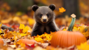A bear cub sitting in a pumpkin patch, surrounded by colorful autumn leaves