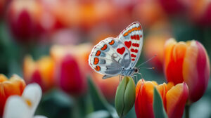 A beautiful butterfly with heart shaped patterns rests gracefully on a tulip in the sunlight