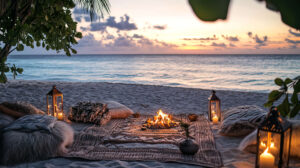 A boho style beach setup with woven blankets, pillows, lanterns, and a small bonfire as the sun sets