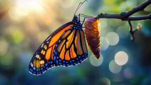 A butterfly emerges from its chrysalis unfurling soft velvety wings in the sunlight captured in a wallpaper titled Chrysalis Unveiled