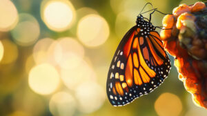 A butterfly emerging from its chrysalis, with soft, velvety wings unfurling in the sunlight