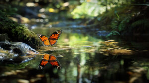 A butterfly hovering over a crystal clear stream, with reflections of the forest in the water