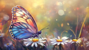A butterfly with colorful pastel wings perched on a daisy in a meadow creates a soothing wallpaper