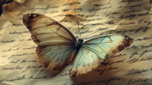 A butterfly with delicate pastel wings perched on weathered parchment adorned with handwritten letters
