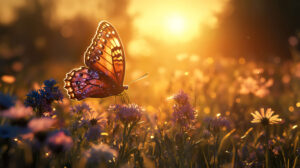 A butterfly with glittering wings, flying through a field of wildflowers in the golden hour