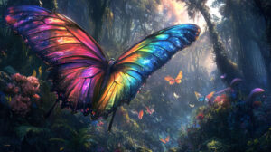 A butterfly with rainbow wings, set against a backdrop of a magical, fairy tale forest