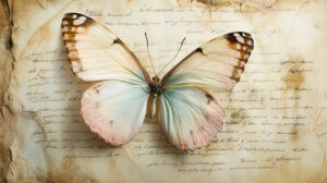 A butterfly with soft pastel wings, resting on a piece of old parchment with handwritten letters