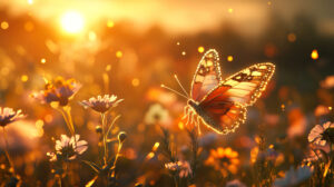 A butterfly with wings shimmering in the sunlight gracefully flutters amidst wildflowers at golden hour in the field