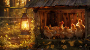 A calm dusk wallpaper depicting chickens settling in a warmly lit coop