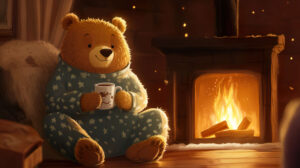 A cartoon bear in pajamas, holding a mug of hot cocoa, set against a cozy fireplace background