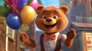 A cartoon bear wearing a bow tie and holding a bouquet of balloons, with a big smile