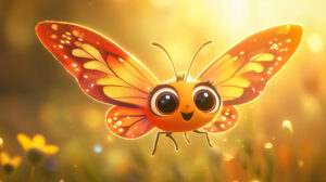 A cartoon butterfly with big eyes and a smiling face, flying against a bright, sunny background