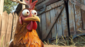 A cartoon chicken with a playful expression, standing in front of a rustic barn