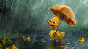 A cartoon duck with a cheerful expression, holding an umbrella in a gentle rain